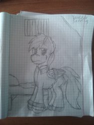 Size: 1944x2592 | Tagged: safe, artist:terminalhash, rainbow dash, pony, g4, bound wings, clothes, cuffs, female, graph paper, prison outfit, prisoner rd, shackles, sketch, solo, traditional art, wing cuffs
