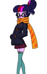 Size: 583x915 | Tagged: safe, artist:xjleiu, sci-twi, twilight sparkle, equestria girls, g4, clothes, cute, female, glasses, hair bun, long socks, looking at you, microskirt, miniskirt, pleated skirt, scarf, simple background, skirt, socks, solo, thigh highs, thigh socks, white background, zettai ryouiki