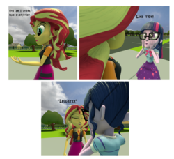 Size: 1700x1548 | Tagged: safe, artist:lance-pizon, sci-twi, sunset shimmer, twilight sparkle, equestria girls, g4, my little pony equestria girls: better together, 3d, comic, dialogue, disney, funny, geode of telekinesis, kingdom hearts, laughing, magical geodes, reference, source filmmaker