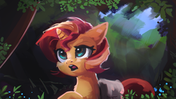 Size: 1920x1080 | Tagged: safe, artist:hierozaki, sunset shimmer, pony, unicorn, g4, alternate hairstyle, cheek fluff, crepuscular rays, ear fluff, female, floppy ears, forest, looking up, mare, nature, neck fluff, open mouth, raised hoof, saddle bag, scenery, short mane, solo, tree