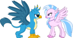 Size: 2048x1076 | Tagged: safe, editor:php77, gallus, silverstream, classical hippogriff, griffon, hippogriff, g4, facing each other, female, interspecies, looking at each other, male, ship:gallstream, shipping, simple background, straight, teenager, transparent background
