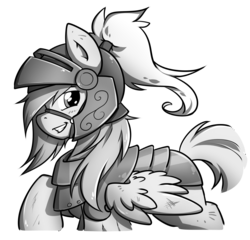 Size: 1613x1551 | Tagged: safe, artist:secret-pony, oc, oc only, pegasus, pony, buck legacy, armor, black and white, bruised, card art, grayscale, happy, helmet, knight, looking at you, monochrome, ponytail, scratches, simple background, soldier, solo, transparent background