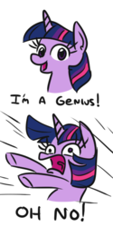 Size: 290x582 | Tagged: safe, artist:jargon scott, twilight sparkle, pony, unicorn, bust, comic, comic strip, dialogue, gundam reconguista in g, looking at you, oh no, open mouth, ponified meme, simple background, white background