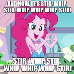 Size: 500x500 | Tagged: safe, edit, edited screencap, screencap, pinkie pie, tank, equestria girls, g4, my little pony equestria girls: better together, the craft of cookies, apron, caption, chef's hat, clothes, cropped, female, hat, heart hands, image macro, solo, star wars holiday special, text