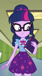 Size: 587x1070 | Tagged: safe, screencap, sci-twi, twilight sparkle, best trends forever, equestria girls, equestria girls series, g4, best trends forever: twilight sparkle, book, clothes, cropped, cyoa, female, geode of telekinesis, glasses, lockers, magical geodes, ponytail, skirt