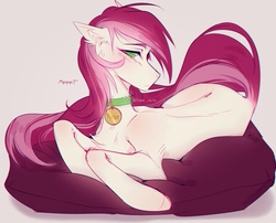 Size: 1280x1036 | Tagged: safe, artist:fake_akita, roseluck, earth pony, pony, g4, behaving like a cat, chest fluff, collar, commissioner:doom9454, cute, cyrillic, digital art, ear fluff, female, fluffy, lying, lying down, mare, pet tag, pillow, pony pet, purring, rosepet, russian, solo, translated in the description