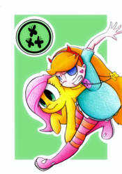 Size: 2869x4088 | Tagged: safe, artist:mustachedbain, fluttershy, human, pegasus, pony, g4, boots, clothes, crossover, female, mare, shoes, smiling, socks, star butterfly, star vs the forces of evil, striped socks