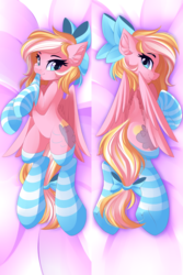 Size: 2222x3333 | Tagged: safe, artist:airiniblock, oc, oc only, oc:bay breeze, pegasus, pony, rcf community, body pillow, bow, clothes, cute, female, hair bow, high res, mare, ocbetes, smiling, socks, solo, stockings, striped socks, thigh highs