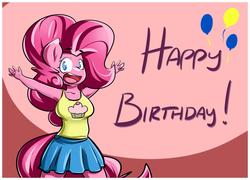 Size: 1500x1078 | Tagged: safe, artist:sanders, pinkie pie, anthro, g4, armpits, breasts, clothes, cute, female, happy birthday, looking at you, miniskirt, moe, open mouth, skirt, smiling, solo, tank top