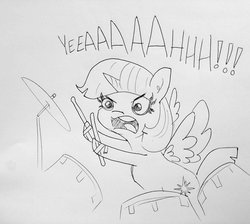 Size: 1609x1440 | Tagged: safe, artist:tjpones, twilight sparkle, alicorn, pony, g4, drum kit, drum set, drumming, drums, drumsticks, duct tape, exclamation point, female, frown, glare, grayscale, hoof hold, lineart, mare, monochrome, musical instrument, open mouth, simple background, solo, tape, text, traditional art, twilight sparkle (alicorn), wat, white background, yeah, yelling