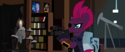 Size: 6856x2859 | Tagged: safe, artist:ejlightning007arts, gallus, silverstream, tempest shadow, g4, army of darkness, candle, crossover, escape from new york, eyepatch, gun, library, mac-10, snake plissken, submachinegun, suppressor, weapon, zootopia