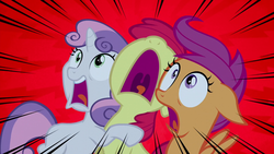 Size: 1280x720 | Tagged: safe, screencap, apple bloom, scootaloo, sweetie belle, earth pony, pegasus, pony, unicorn, appleoosa's most wanted, g4, cutie mark crusaders, female, filly, mawshot, nose in the air, open mouth, red background, screaming, simple background, uvula, volumetric mouth
