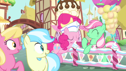 Size: 1920x1080 | Tagged: safe, screencap, cultivar, lily, lily valley, minty (g4), pinkie pie, earth pony, pony, g4, sundae sundae sundae, spoiler:interseason shorts, bridge, cute, diapinkes, female, happy, mare, mintybetes, ponyville, smiling