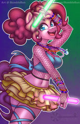 Size: 990x1530 | Tagged: safe, artist:bumblebun, pinkie pie, earth pony, anthro, g4, armpits, belly button, breasts, cleavage, clothes, dancing, female, fishnet stockings, glowstick, midriff, miniskirt, sexy, skirt, smiling, solo, thighs