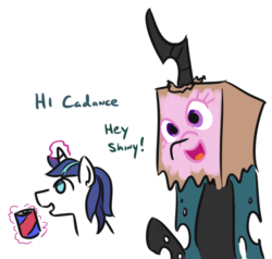 Size: 507x482 | Tagged: safe, artist:jargon scott, queen chrysalis, shining armor, changeling, changeling queen, pony, unicorn, g4, dialogue, disguise, disguised changeling, female, glowing horn, hi anon, horn, magic, male, meme, paper bag, paper-thin disguise, seems legit, shining armor is a goddamn moron, simple background, stallion, telekinesis, white background