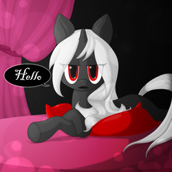 Size: 1080x1080 | Tagged: safe, artist:pandaty, oc, oc only, oc:adroit, pony, unicorn, female, introduction, lying on bed, mare, open mouth, original art, solo, white hair