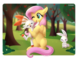 Size: 1600x1200 | Tagged: safe, artist:scheadar, angel bunny, fluttershy, scorbunny, g4, apple tree, crossover, cute, female, hug, jealous, pokemon sword and shield, pokémon, shyabetes, smiling, tree