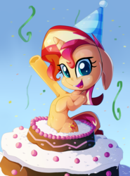 Size: 1481x2000 | Tagged: safe, artist:discorded, sunset shimmer, pony, unicorn, semi-anthro, armpits, belly button, bipedal, blue background, cake, confetti, cute, female, floppy ears, food, gift art, gradient background, hat, looking at you, mare, open mouth, party hat, shimmerbetes, simple background, smiling, solo, waving