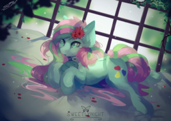 Size: 4100x2906 | Tagged: safe, artist:sweetlynight, oc, oc only, oc:melody sweetheart, earth pony, pony, turtle, beautiful, flower, lying down, multicolored mane, multicolored tail, solo