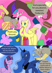 Size: 1000x1397 | Tagged: safe, artist:emilou1985, discord, fluttershy, princess luna, twilight sparkle, alicorn, pony, comic:signs, g4, eyes closed, flower, glasses, happy, looking up, present, twilight sparkle (alicorn)