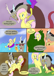 Size: 1000x1396 | Tagged: safe, artist:emilou1985, discord, fluttershy, pony, comic:signs, g4, chair, drink, female, glasses, inner tube, leaf, looking down, male, ocean, pregnant, sphygmomanometer, uncle discord, watch, water