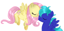 Size: 941x458 | Tagged: safe, artist:kirawolf13, fluttershy, oc, oc:lightning bolt, pony, g4, canon x oc, duo, flutterbolt, romance