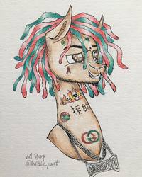 Size: 1080x1347 | Tagged: safe, artist:brittle_part, pony, body writing, bust, ear fluff, facial hair, head only, jewelry, lil pump, necklace, ponified, solo, tattoo, traditional art
