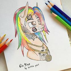 Size: 1080x1080 | Tagged: safe, artist:brittle_part, pony, 69 (number), 6ix9ine, body writing, bust, ear fluff, gold chain, grills, head only, jewelry, jigsaw, necklace, piercing, ponified, rainbow hair, solo, tattoo, traditional art