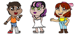 Size: 1205x525 | Tagged: safe, artist:logan jones, apple bloom, scootaloo, sweetie belle, human, g4, bandage, boots, bow, clothes, cutie mark crusaders, dark skin, dress, dyed hair, ear piercing, earring, feet, female, flip-flops, hair bow, humanized, jeans, jewelry, leg cast, lipstick, moderate dark skin, natural eye color, natural hair color, necklace, overalls, pants, piercing, sandals, shirt, shoes, short hair, shorts, simple background, sneakers, tank top, toes, trio, white background, wristband