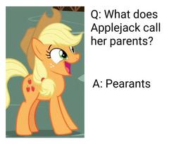 Size: 579x473 | Tagged: safe, edit, edited screencap, editor:apex soundwave, screencap, applejack, earth pony, pony, celestial advice, g4, big smile, caption, cute, female, food, happy, image macro, implied applejack's parents, implied bright mac, implied pear butter, jackabetes, mare, open mouth, pear, pun, sad in hindsight, simple background, smiling, solo, text, we are going to hell, white background