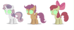 Size: 857x353 | Tagged: safe, apple bloom, scootaloo, sweetie belle, earth pony, pegasus, pony, unicorn, g4, season 9, cutie mark, cutie mark crusaders, fake, fake leak, fan made, female, filly, hypnosis, implied king sombra, slave, the cmc's cutie marks