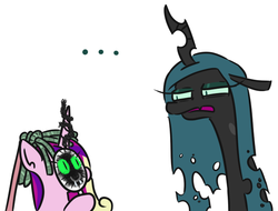 Size: 658x500 | Tagged: safe, artist:jargon scott, princess cadance, queen chrysalis, alicorn, changeling, changeling queen, pony, g4, ..., disguise, duo, female, mare, mop, paper-thin disguise, queen chrysalis is not amused, role reversal, simple background, unamused, white background, wtf