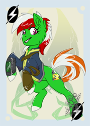 Size: 260x363 | Tagged: safe, artist:bluekite-falls, artist:sky-railroad, oc, oc only, oc:wandering sunrise, earth pony, pony, fallout equestria, fallout equestria: dead tree, clothes, female, jumpsuit, mare, pipbuck, prance card game, prancing, rearing, solo, vault suit, wandering sunrise