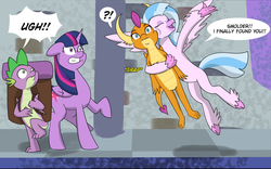Size: 2977x1853 | Tagged: safe, artist:chedx, silverstream, smolder, spike, twilight sparkle, alicorn, classical hippogriff, dragon, hippogriff, pony, comic:the weekend wager, g4, backpack, commission, cropped, cute, diastreamies, dragoness, exclamation point, female, group, hug, interrobang, male, mama twilight, mare, quartet, question mark, school of friendship, shock, smolderbetes, surprised, twilight sparkle (alicorn), winged spike, wings
