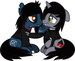 Size: 1088x882 | Tagged: safe, artist:lightningbolt, derpibooru exclusive, earth pony, pony, undead, unicorn, zombie, zombie pony, g4, .svg available, angry, bags under eyes, blood, blood stains, bloodshot eyes, bone, bring me the horizon, clothes, disguise, disguised siren, drop dead clothing, duo, ears back, fangs, hoof under chin, horn, jewelry, kellin quinn, kissing, lip piercing, long sleeves, looking at each other, male, necklace, oliver sykes, piercing, ponified, raised hoof, scar, scared, shirt, show accurate, simple background, sitting, sleeping with sirens, stallion, stitches, svg, tattoo, transparent background, underhoof, vector