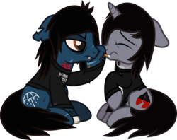 Size: 1112x882 | Tagged: safe, artist:lightningbolt, derpibooru exclusive, earth pony, pony, undead, unicorn, zombie, zombie pony, g4, .svg available, :p, angry, bags under eyes, blood, blood stains, bloodshot eyes, bone, boop, bring me the horizon, clothes, disguise, disguised siren, drop dead clothing, duo, ears back, eyes closed, fangs, frown, glare, hitting, hoof under chin, horn, jewelry, kellin quinn, kissing, licking, lip piercing, long sleeves, looking at each other, male, necklace, nose wrinkle, oliver sykes, piercing, ponified, raised hoof, scar, scared, scrunchy face, shirt, show accurate, simple background, sitting, sleeping with sirens, stallion, stitches, svg, tattoo, tongue out, torn ear, transparent background, underhoof, vector