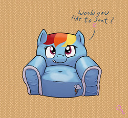 Size: 1169x1080 | Tagged: safe, artist:softballoonpony, rainbow dash, pony, g4, chair, couch, cute, dashabetes, dialogue, i can't believe it's not badumsquish, inanimate tf, objectification, solo, transformation