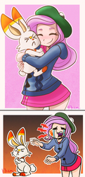 Size: 723x1499 | Tagged: safe, artist:kprovido, angel bunny, fluttershy, human, scorbunny, g4, abuse, angel is a bunny bastard, clothes, comic, crossover, crying, cute, do not want, dress, eyes closed, female, flutterbuse, humanized, male, pokemon sword and shield, pokémon, shyabetes, skirt, varying degrees of want