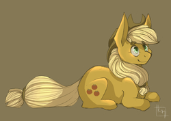 Size: 4093x2894 | Tagged: safe, artist:cluelesstuna, applejack, earth pony, pony, g4, beanbrows, brown background, cute, eyebrows, eyebrows visible through hair, female, jackabetes, mare, prone, simple background, solo