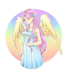 Size: 700x700 | Tagged: safe, artist:makierlendson, fluttershy, human, g4, armpits, bare shoulders, clothes, cute, dress, eyes closed, female, hair accessory, humanized, shyabetes, sleeveless, solo, strapless, wing fluff, winged humanization, wings