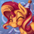 Size: 3000x3000 | Tagged: safe, artist:pirill, derpy hooves, sunset shimmer, pony, unicorn, g4, :t, abstract background, birthday, cheek fluff, confetti, cute, ear fluff, eyes closed, female, fluffy, gift art, happy, hat, high res, mare, noisemaker, party hat, party horn, puffy cheeks, shimmerbetes, smiling, solo, streamers, when you see it
