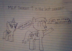 Size: 822x585 | Tagged: safe, artist:nightshadowmlp, oc, oc only, oc:court case, oc:game point, pegasus, pony, unicorn, angry, dialogue, end of ponies, female, happy, implied season 9, lined paper, male, mare, rude, speech bubble, stallion, text, traditional art