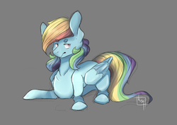Size: 4093x2894 | Tagged: safe, artist:cluelesstuna, rainbow dash, pegasus, pony, g4, beanbrows, eyebrows, eyebrows visible through hair, female, gray background, mare, simple background, solo