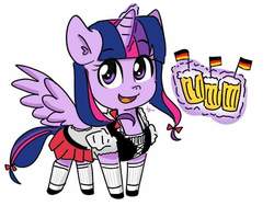 Size: 811x611 | Tagged: safe, artist:yinglung, twilight sparkle, alicorn, pony, g4, beer bottle, chibi, clothes, cute, female, germany, magic, mare, simple background, solo, twiabetes, twilight sparkle (alicorn)