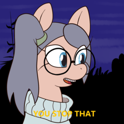 Size: 1000x1000 | Tagged: safe, artist:scraggleman, oc, oc only, oc:taku, earth pony, pony, braces, caption, clothes, glasses, image macro, meme, round glasses, scooby-doo!, solo, sweater, text, you stop that