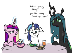 Size: 730x534 | Tagged: safe, artist:jargon scott, princess cadance, queen chrysalis, shining armor, alicorn, changeling, changeling queen, pony, unicorn, g4, awkward, cereal, changeling egg, dialogue, eating, egg (food), female, floppy ears, food, fried egg, glowing horn, green eggs, green eggs and ham, green eggs and no ham, herbivore vs omnivore, horn, juice, magic, male, mare, orange juice, ponies eating meat, scrunchy face, simple background, stallion, story in the comments, telekinesis, white background