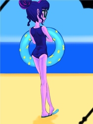 Size: 757x1009 | Tagged: safe, artist:xjleiu, sci-twi, twilight sparkle, human, equestria girls, equestria girls specials, g4, my little pony equestria girls: better together, my little pony equestria girls: forgotten friendship, ass, beach, butt, clothes, colored pupils, cute, feet, female, flip-flops, inner tube, one-piece swimsuit, pixiv, sandals, solo, swimsuit, twiabetes