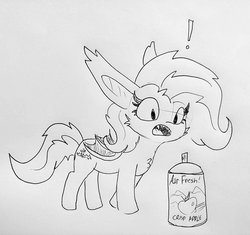 Size: 1529x1440 | Tagged: safe, artist:tjpones, fluttershy, bat pony, pony, g4, air freshener, apple, bat ponified, chest fluff, ear fluff, exclamation point, female, flutterbat, grayscale, lineart, mare, monochrome, open mouth, race swap, sharp teeth, simple background, solo, spray can, teeth, that pony sure does love apples, this will end in tears, traditional art