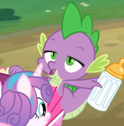 Size: 679x687 | Tagged: safe, screencap, princess flurry heart, spike, pony, a flurry of emotions, g4, baby bottle, claws, cropped, male, not what it looks like, out of context