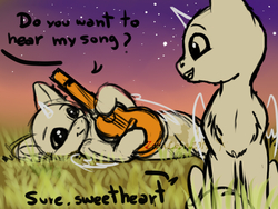 Size: 800x600 | Tagged: safe, artist:zobaloba, oc, pony, advertisement, auction, background pony, commission, couple, dialogue, grass, guitar, music, relaxing, sketch, sky, song, stars, sunset, your character here